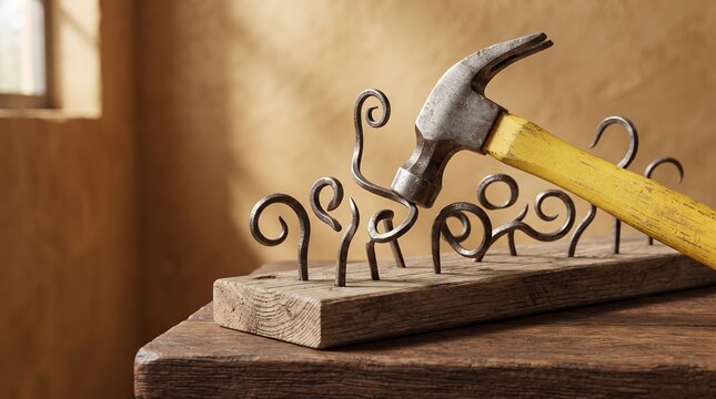A hammer is about to strike a row of bent nails stuck in a wooden plank.