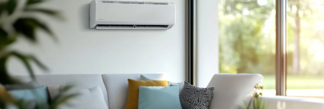 Modern living room featuring a stylish air conditioning unit mounted on the wall above a cozy sofa adorned with colorful cushions, creating a comfortable and inviting atmosphere