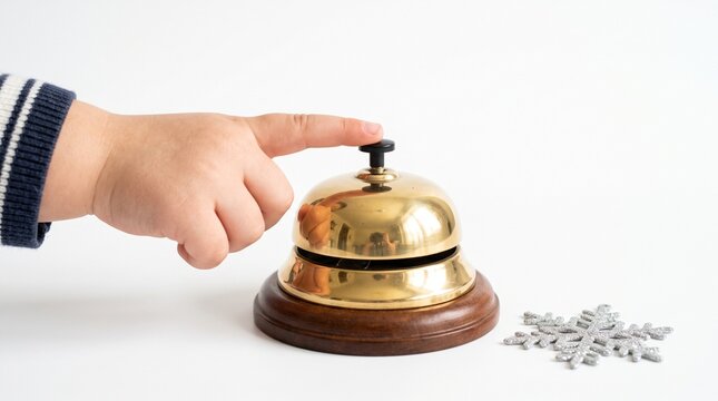 Child hand reaching to press shiny brass hotel desk bell with snowflake on white background