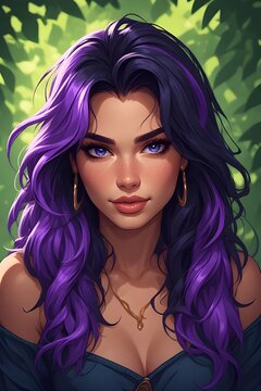 donna con i capelli viola immersa nel verde