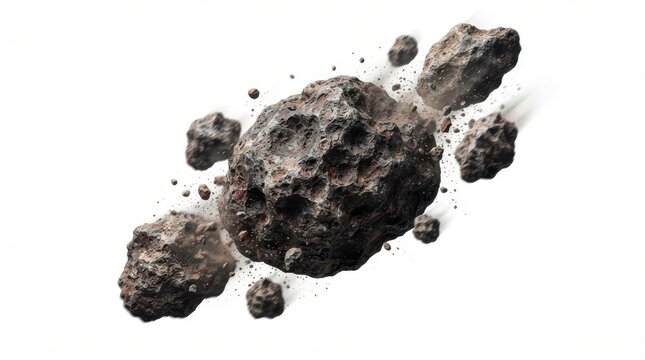 Asteroid and meteorites flying with motion blur and space debris