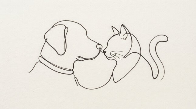 Continuous one line drawing of a dog and a cat touching noses