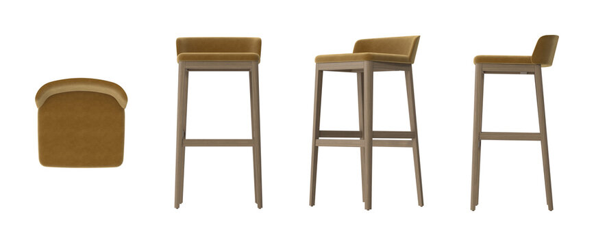 Modern upholstered bar stool with wooden frame in multiple views