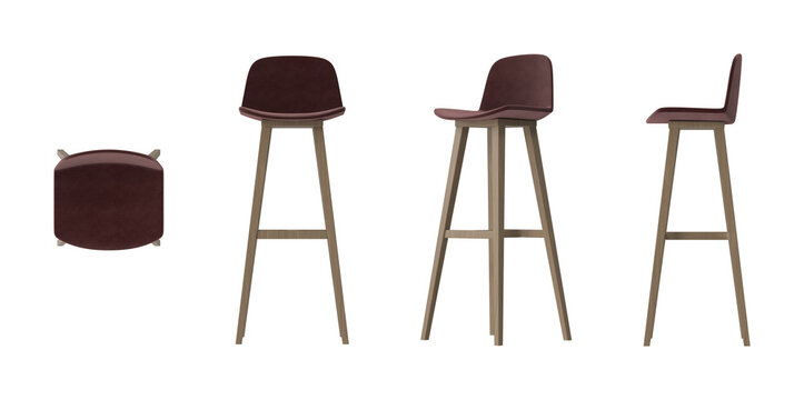 Modern bar stool with plush burgundy seat and wooden legs shown from multiple angles