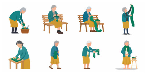 Fototapeta premium Set of illustrations of an elderly woman engaged in knitting. Senior lady character enjoying her hobby with green yarn, needles, and a scarf. Flat vector design.