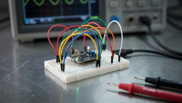 Microcontroller Circuit on Breadboard with Wires and Oscilloscope