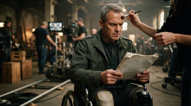 Actor in wheelchair on movie set reading script during makeup
