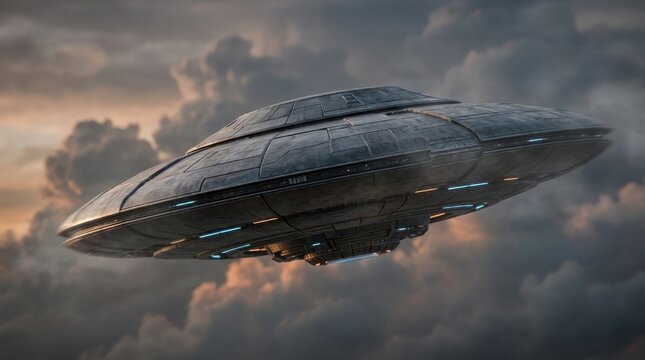 UFO hovering in the cloudy sky