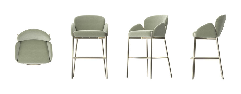 Modern upholstered bar stool with sleek metal legs shown from multiple angles