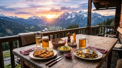 Fototapeta premium Traditional Austrian dinner on mountain hut balcony at sunset