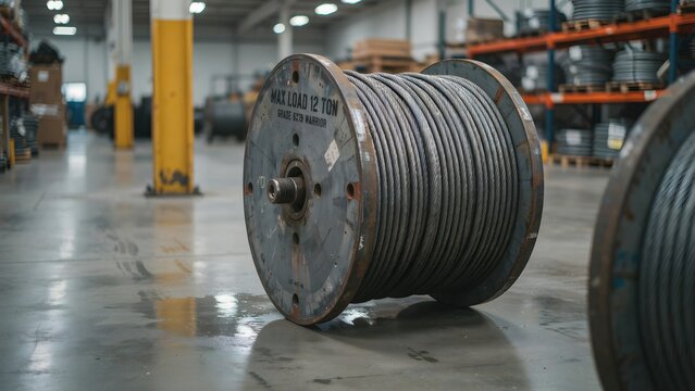 Industrial Wire Reel with Steel Cable in Warehouse Interior Space