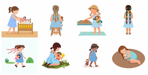 Fototapeta premium Flat vector illustration set of little girls playing with dolls, braiding hair, and childhood activities isolated on white background