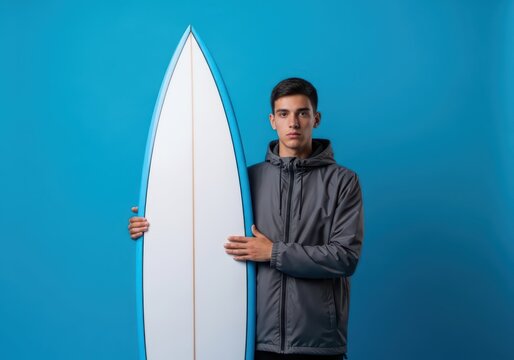Young man in a gray jacket holding a surfboard against a blue background