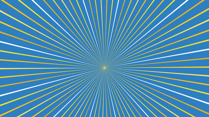 Obraz premium Abstract sunburst background with radiant yellow white and blue lines extending from center point.