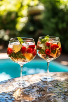 Refreshing summer cocktails in elegant glasses, featuring vibrant strawberries, citrus slices, and mint leaves, set against a lush garden backdrop with a pool in the distance