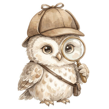 Cute Owl Detective Wearing Deerstalker Hat Holding Magnifying Glass Watercolor