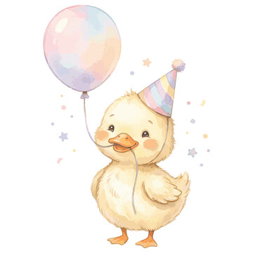 Cute Baby Duckling Wearing Party Hat Holding Balloon for Birthday Celebration
