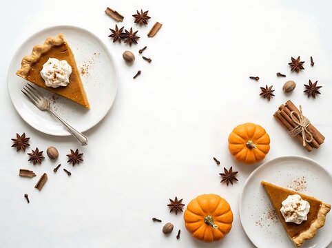 A festive thanksgiving still life pumpkin pie mini pumpkins and autumnal decor on a white background