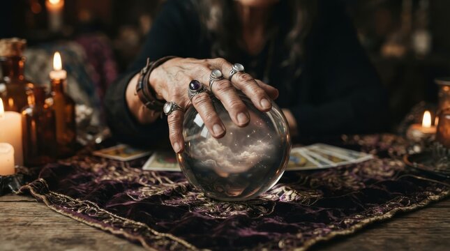 Fortune teller with crystal ball and tarot cards