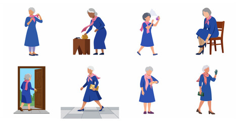 Fototapeta premium Elegant Elderly Woman Character Set Showing Daily Routine and Getting Ready Process