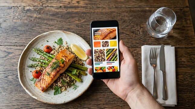Person holding a smartphone to order food online with a plate of grilled salmon and vegetables on a wooden table