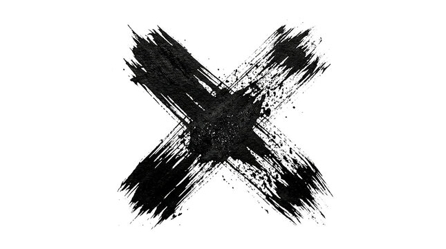 Black ink splatter explosion cross shape on transparent background for bold design elements