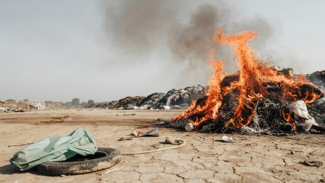 Burning pile of garbage and tires at outdoor landfill site, black smoke rising over trash dump, environmental pollution and waste management crisis
