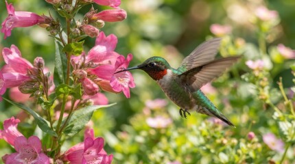 Fototapeta premium Ruby-throated hummingbird feeding on pink flowers in a garden