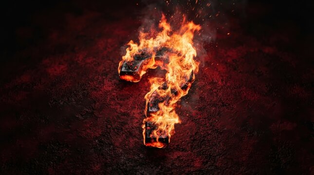 Burning question mark symbol on dark red textured background