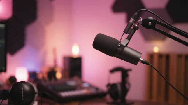 Professional microphone in recording studio with podcast equipment