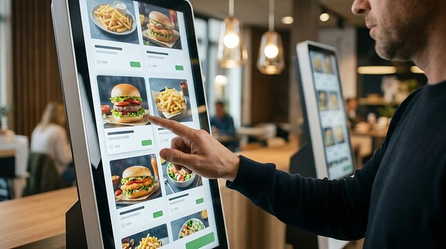 Person using a self service digital kiosk to order fast food in a restaurant