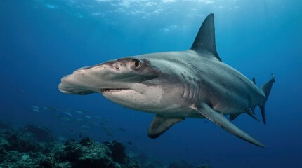 Fototapeta premium Great hammerhead shark swimming in the deep blue ocean