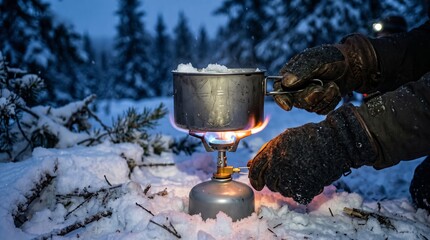 Naklejka premium A person uses a portable stove to melt snow in a snowy forest. Concept of outdoor cooking, winter camping, wilderness survival, and adventure. Ideal for travel and outdoor lifestyle. Generative AI.