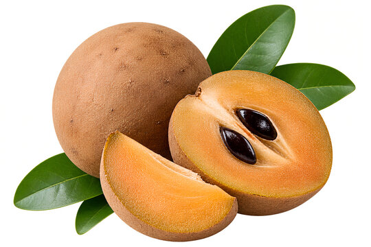 ripe sapota with leaves isolated, sapota, chiku