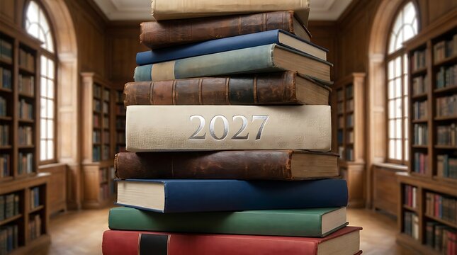 Stack of vintage leather bound books with 2027 year imprinted on spine representing future planning and literary collections