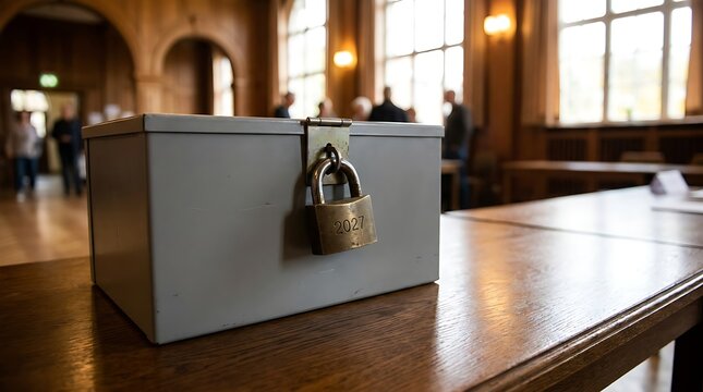 Locked metal storage box featuring 2027 year engraved on brass padlock for secure data preservation and future planning