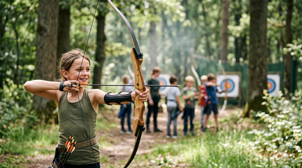 Fototapeta premium Smiling girl aims bow and arrow while practicing archery outdoors, focused and confident during youth recreation session in sunlit forest clearing. Playful, active, skill-building moment with friends