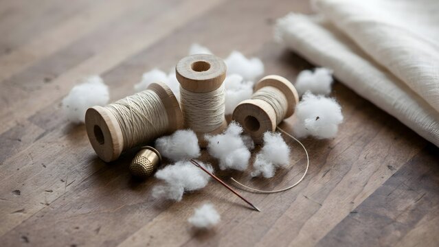 Crafting Essentials with Thread, Cotton, Needle, and Spools on Wood