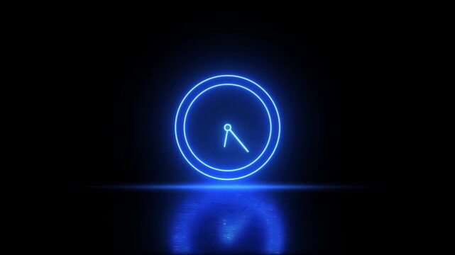Neon blue Color Clock Icon video animation on black background. Bright Clock icon showing o'clock icon videon animation. Neon timeline icon, simple speed up hr clock sign motion animation