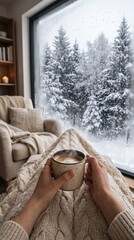 Fototapeta premium Hands hold a steaming mug under a knitted blanket in a cozy cabin overlooking a snowy forest. Concept winter comfort, hygge, travel and lifestyle advertising. Generative AI.