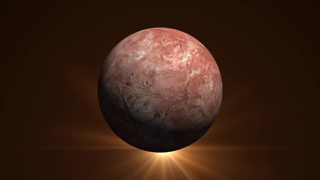 Dwarf planet Makemake rotating in deep space with a bright sun flare background.