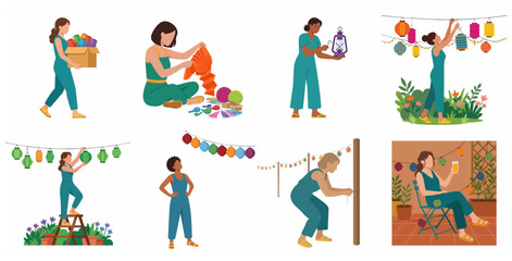 Fototapeta premium Set of flat vector illustrations of women preparing and decorating for a lantern festival or outdoor garden party.