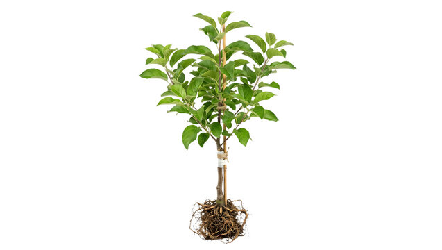 Grafted young fruit tree sapling with bare roots and wooden stake isolated on transparent background