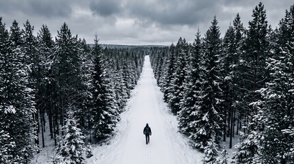 Fototapeta premium A lone traveler walks along a snow covered path through a dense winter pine forest. The concept highlights solitude, adventure, and the beauty of nature, perfect for travel and lifestyle themes