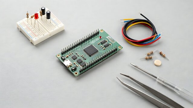 Electronic Components Arrangement on Gray Background for Projects