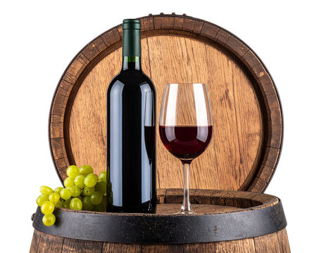 Red Wine Bottle and Glass on Barrel for Advertising Transparent PNG