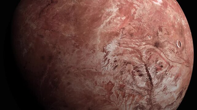 Red dwarf planet Makemake rotating in deep space with cratered surface and rocky terrain.