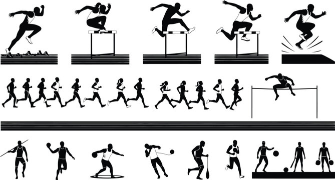 Athletic sports silhouettes set, track and field competition icons, black vector figures for tournament posters and olympic games