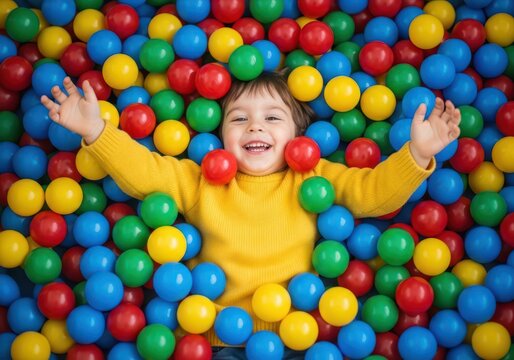 A joyful young child with a bright yellow sweater lying in a colorful ball pit, surrounded by many vibrant plastic balls