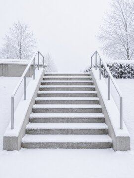 Snow-covered concrete stairs with metal railings leading up to a winter landscape, surrounded by trees and shrubs in a serene, snowy environment